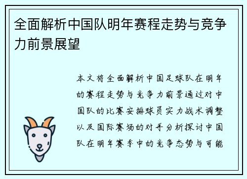 全面解析中国队明年赛程走势与竞争力前景展望